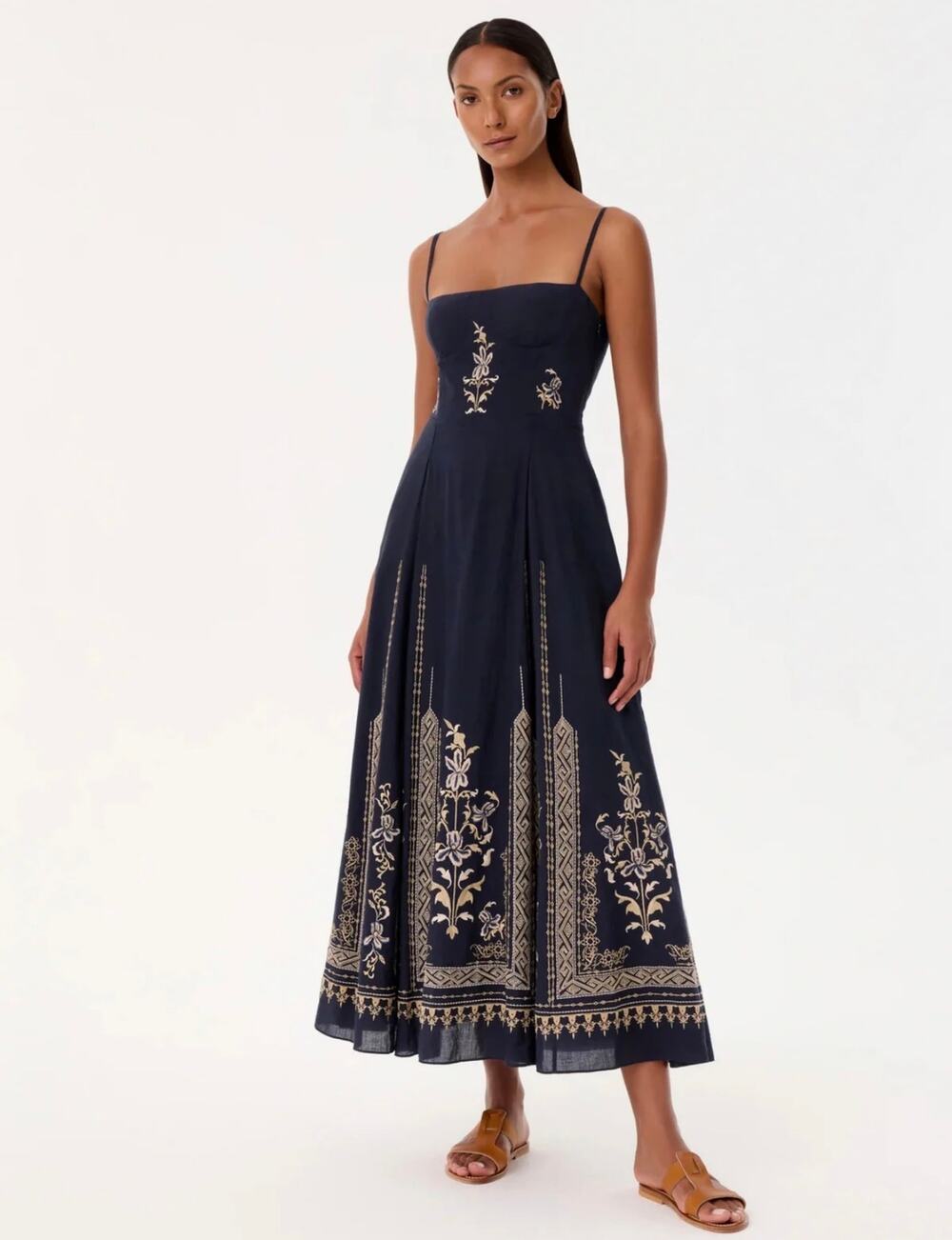 NWT Emporio Sirenuse Valya Iris Embroidered Midi Dress Navy 38